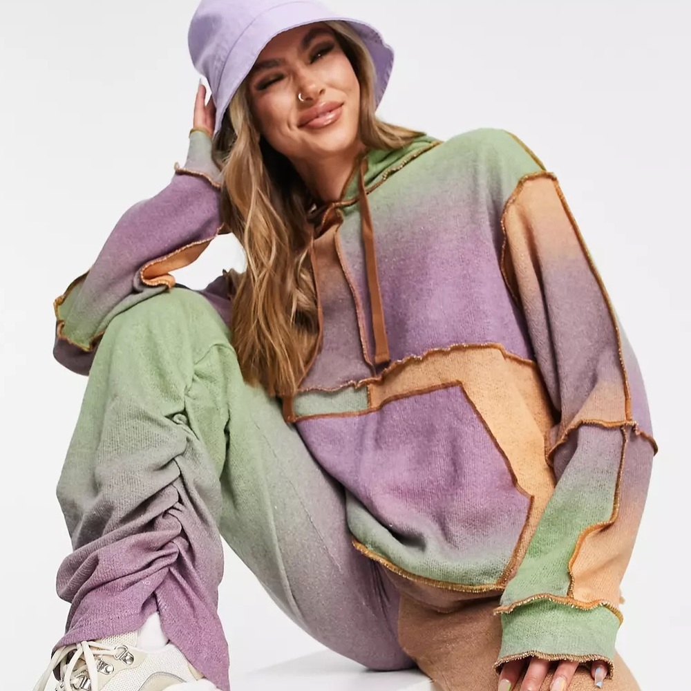 Jaded London oversized patchwork lightweight knitted hoodie wool blend 4